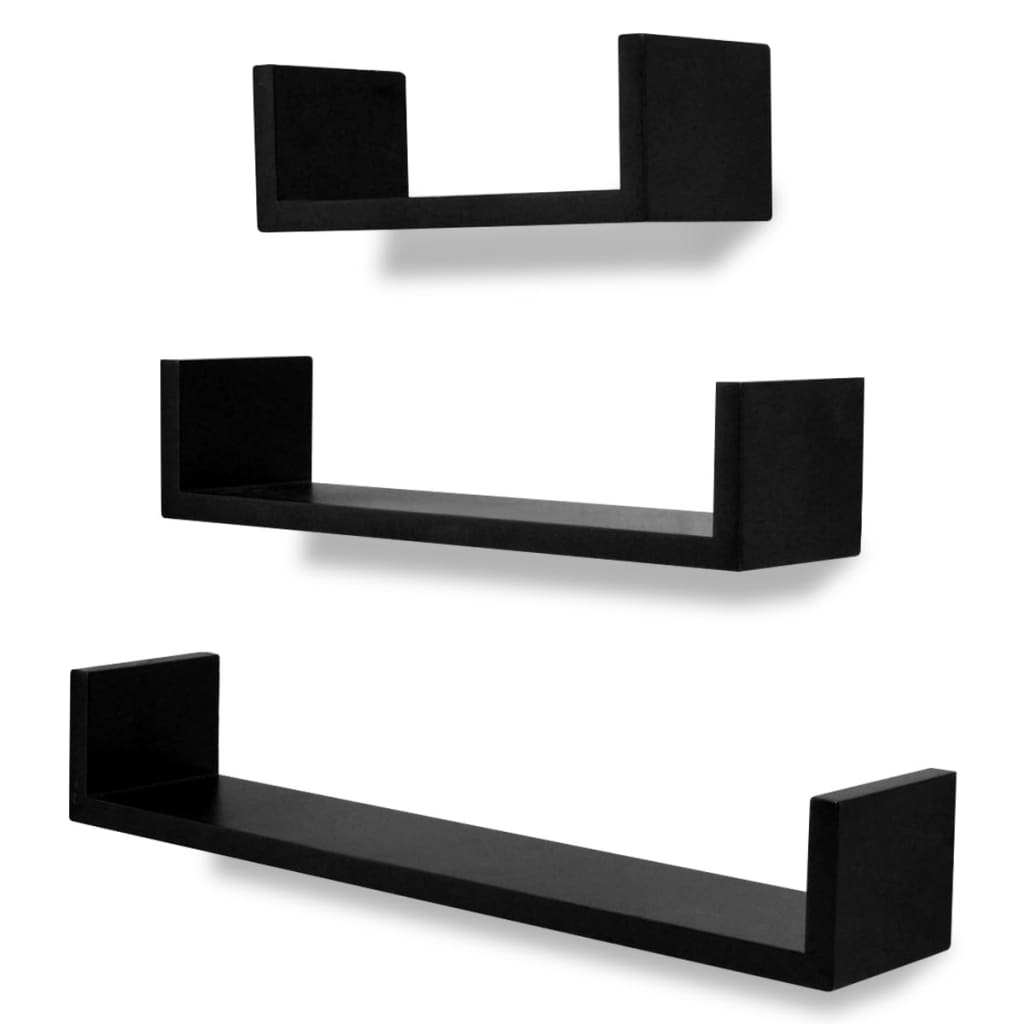 3-tlg. Wandregal-Set U-Form für Bücher DVD MDF Schwarz