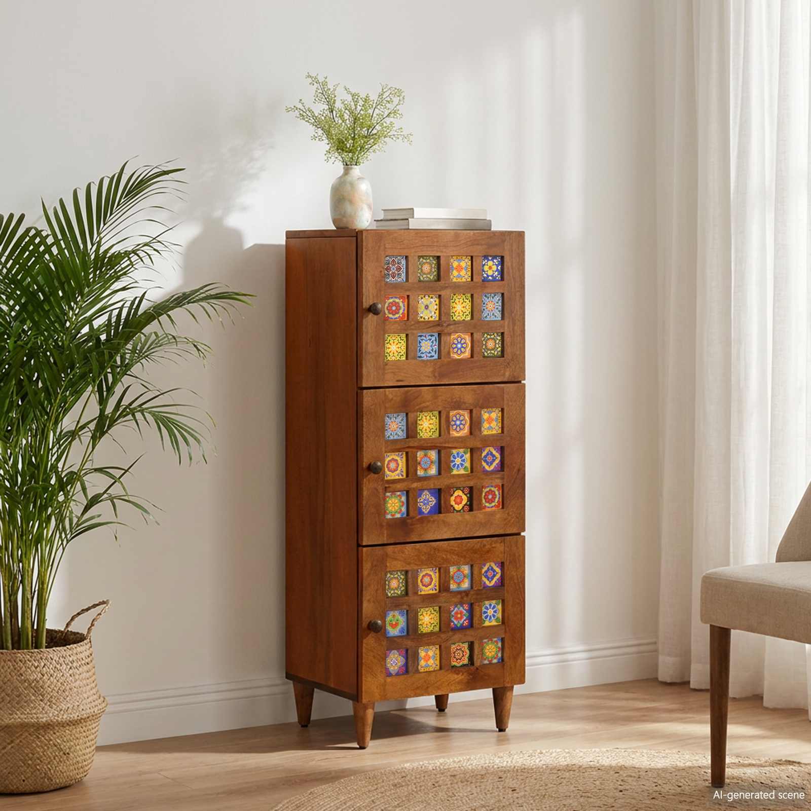 Highboard mit Tür Walnuss 40 x 33 x 110 cm Massivholz Mango