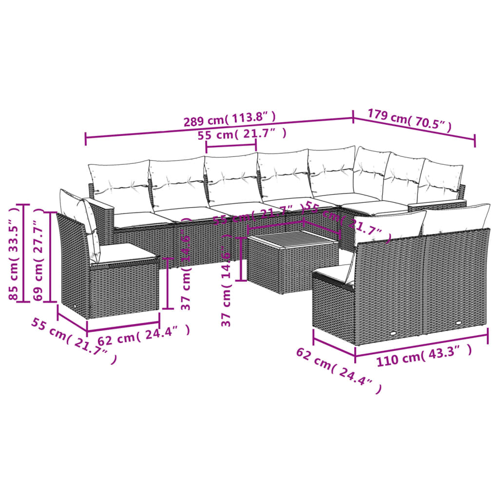 10-tlg. Garten-Sofagarnitur mit Kissen Schwarz Poly Rattan