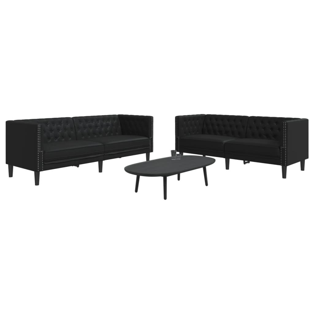 3-tlg. Chesterfield-Sofa-Set Schwarz Kunstleder