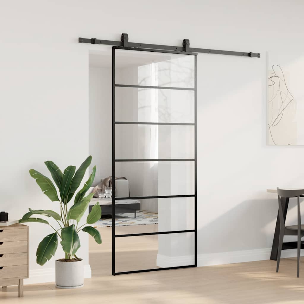 Schiebetür mit Beschlag Schwarz 76x205 cm ESG-Glas