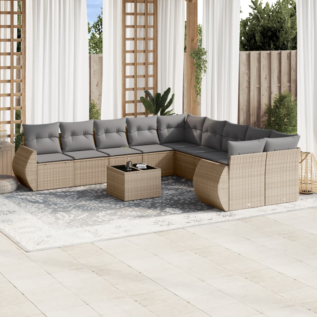 10-tlg. Garten-Sofagarnitur mit Kissen Schwarz Poly Rattan