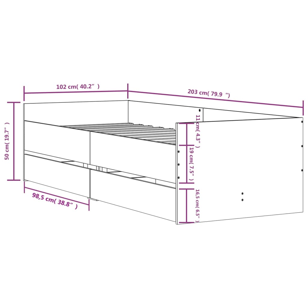 Bett mit Schubladen Braun Eiche-Optik 75x190 cm