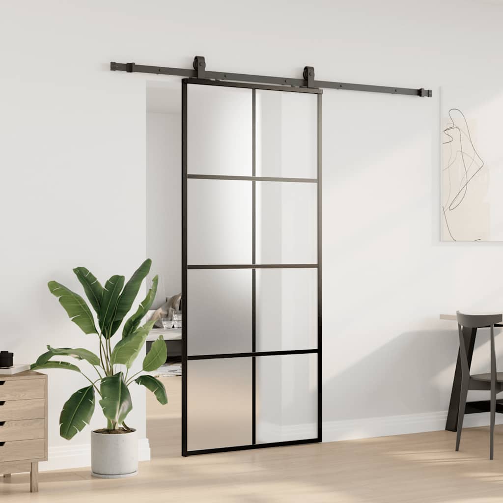 Schiebetür mit Beschlag Schwarz 76x205 cm ESG-Glas