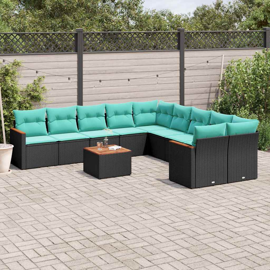 10-teiliges Gartensofa-Set mit Kissen, schwarzes Polyrattan