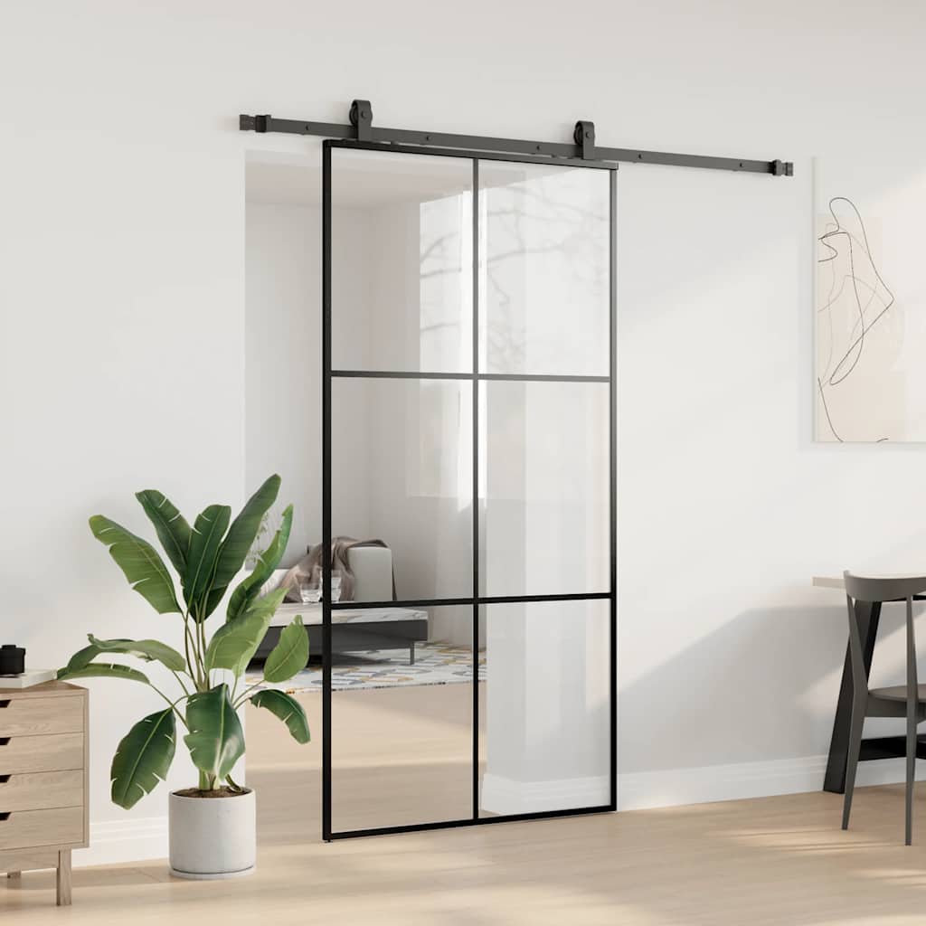 Schiebetür mit Beschlag Schwarz 76x205 cm ESG-Glas