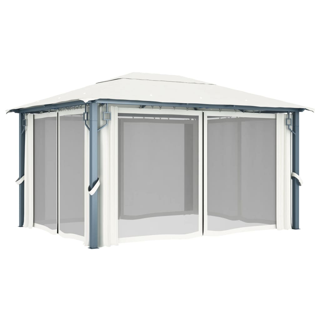 Pavillon mit Vorhängen & LED-Lichterkette 300x300 cm Creme Alu