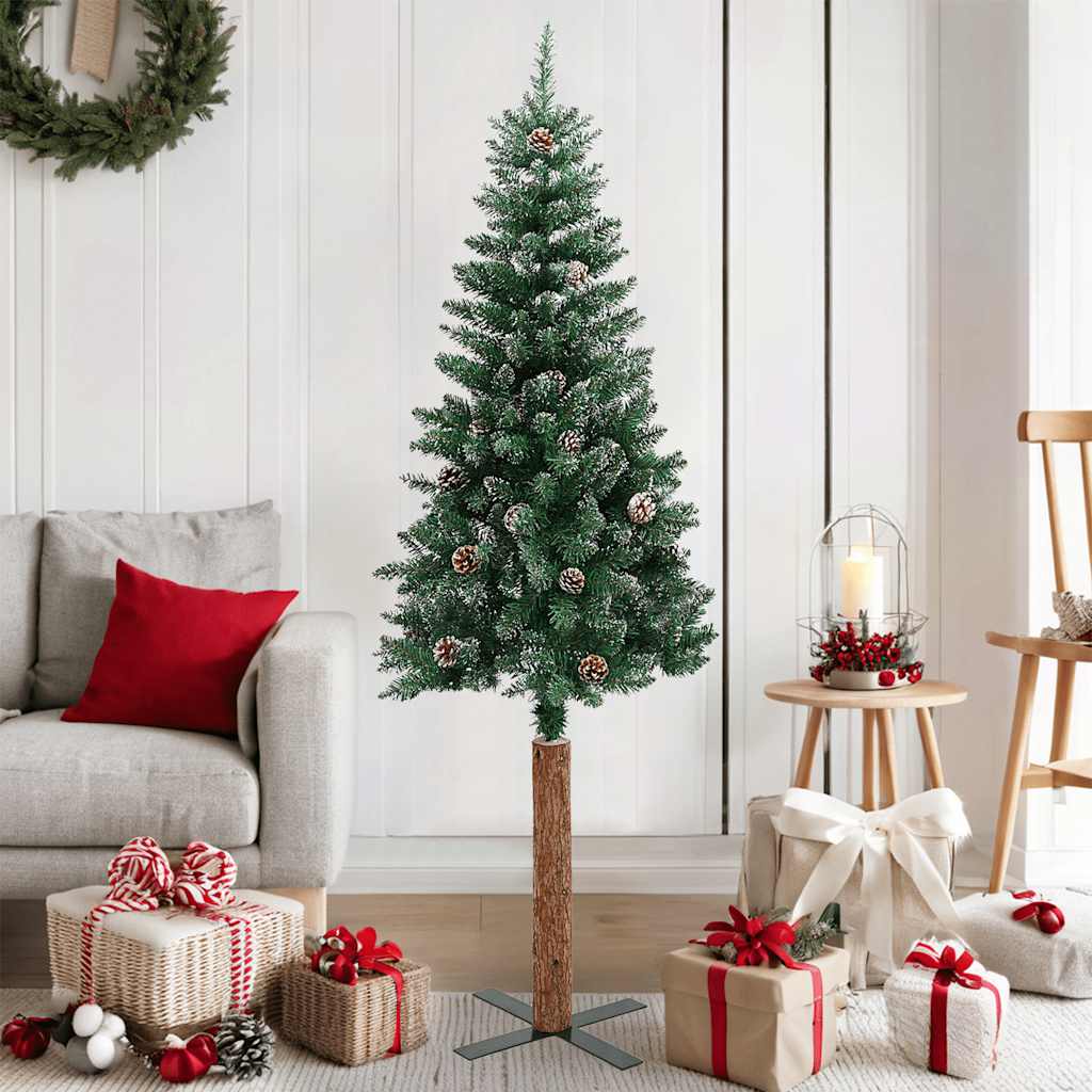 Weihnachtsbaum Schlank mit Echtholz und Zapfen Grün 150 cm PVC