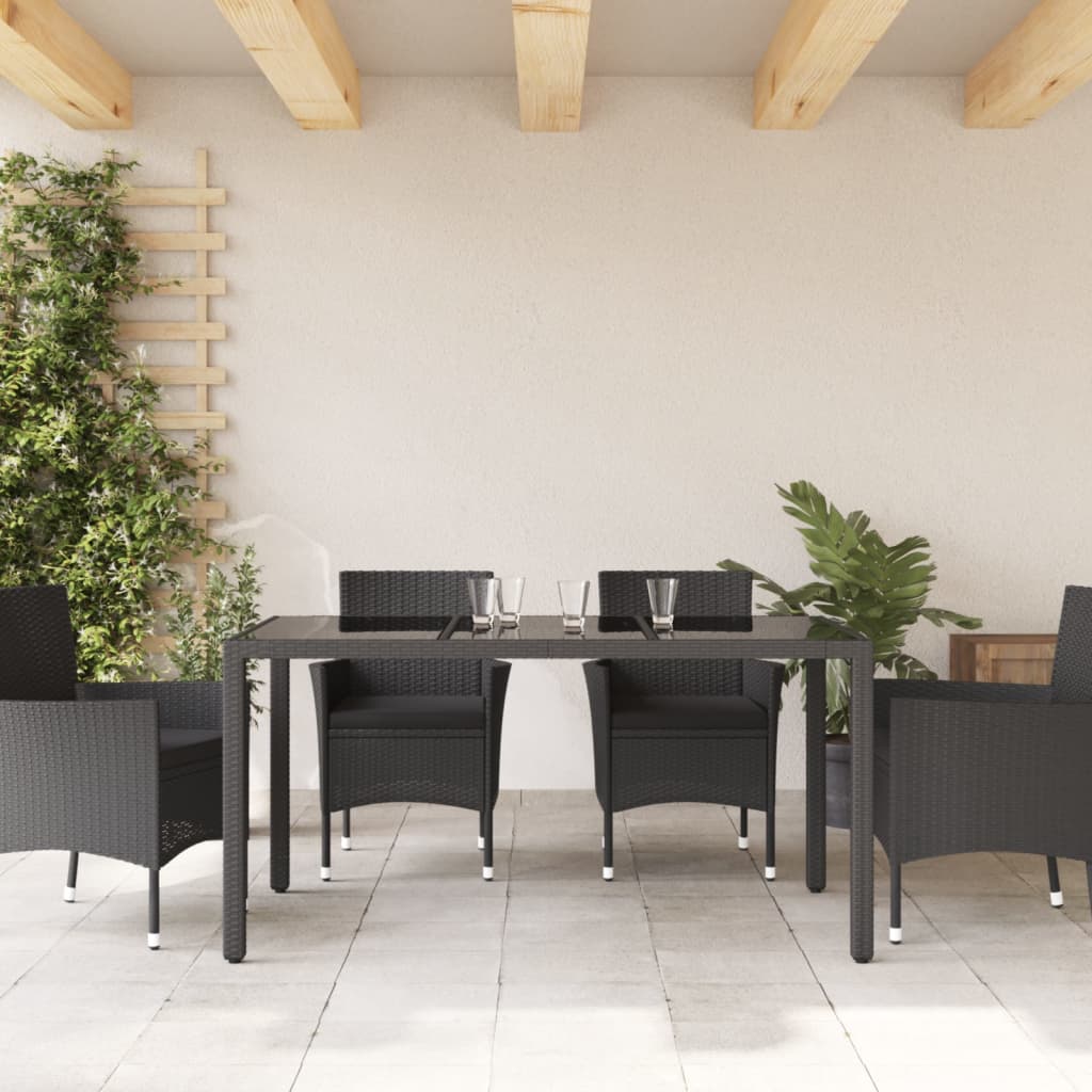 Gartentisch 150x90x75 cm Hartglas und Poly Rattan Schwarz