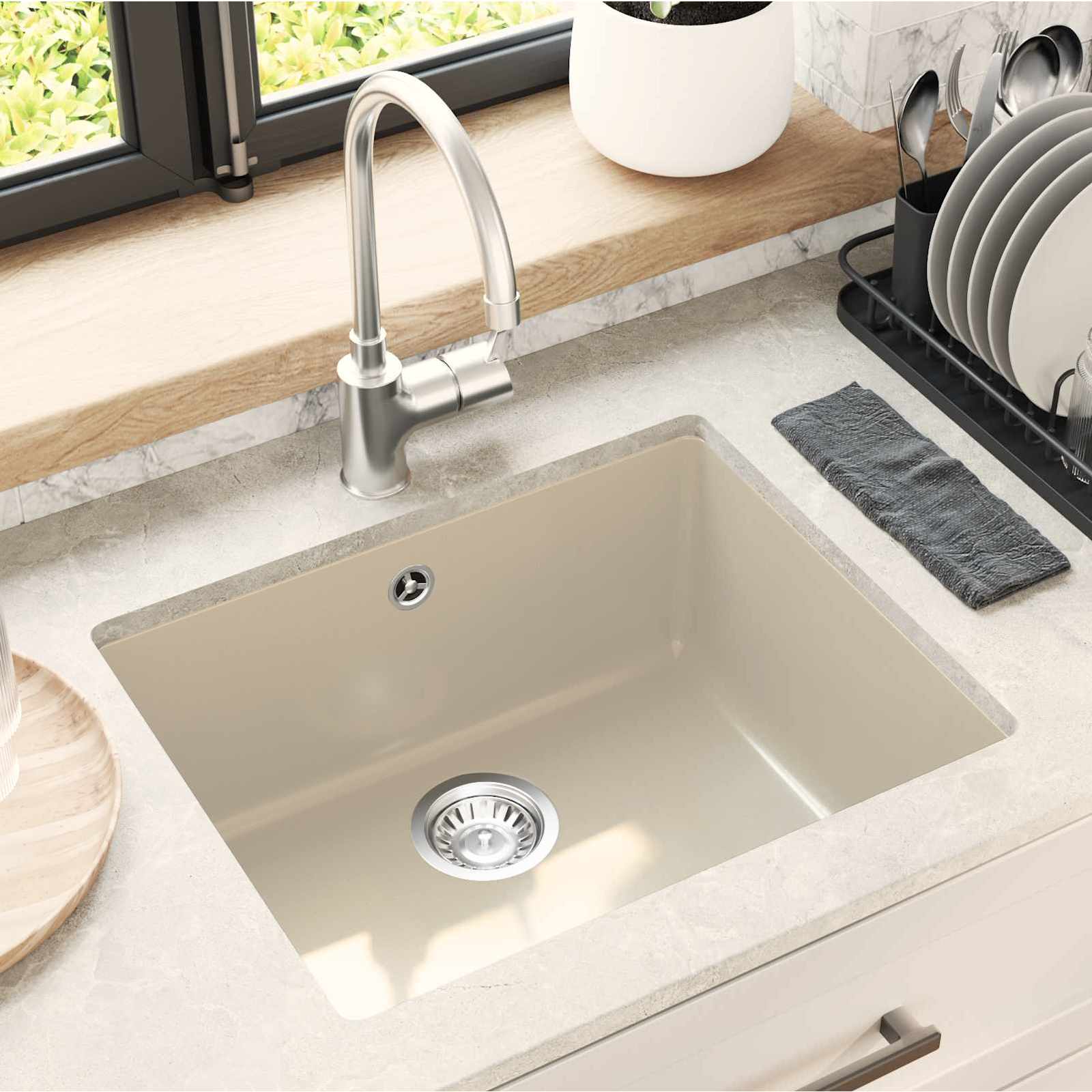 Waschbecken Schwarz 370 x 460 mm 80% Quarz und 20% Harz
