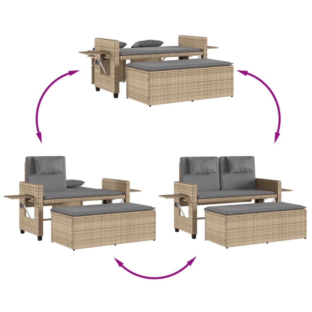Gartenbank Verstellbar mit Kissen Schwarz Poly Rattan