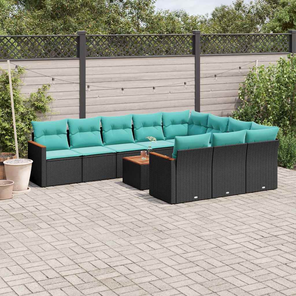 10-teiliges Gartensofa-Set mit Kissen, schwarzes Polyrattan