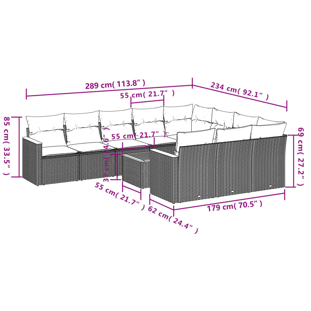 10-tlg. Garten-Sofagarnitur mit Kissen Schwarz Poly Rattan