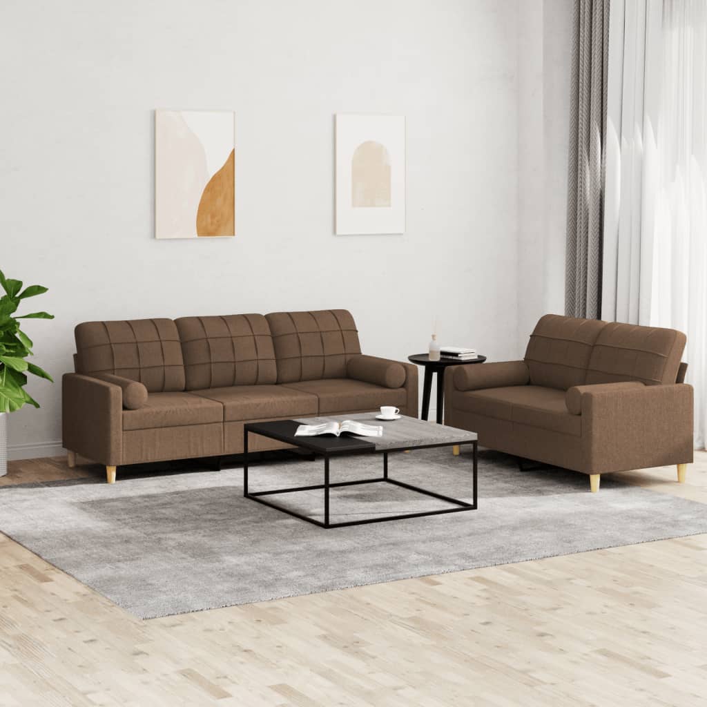 3-tlg. Sofagarnitur mit Kissen Braun Stoff