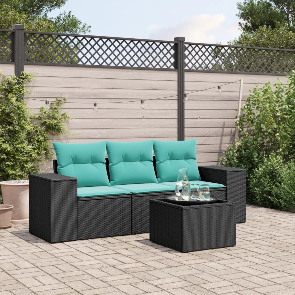 3-teiliges Gartensofa-Set mit Kissen, schwarzes Polyrattan
