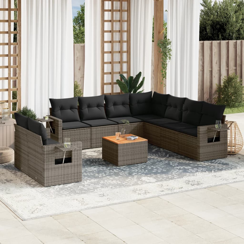 10-tlg. Garten-Sofagarnitur mit Kissen Schwarz Poly Rattan