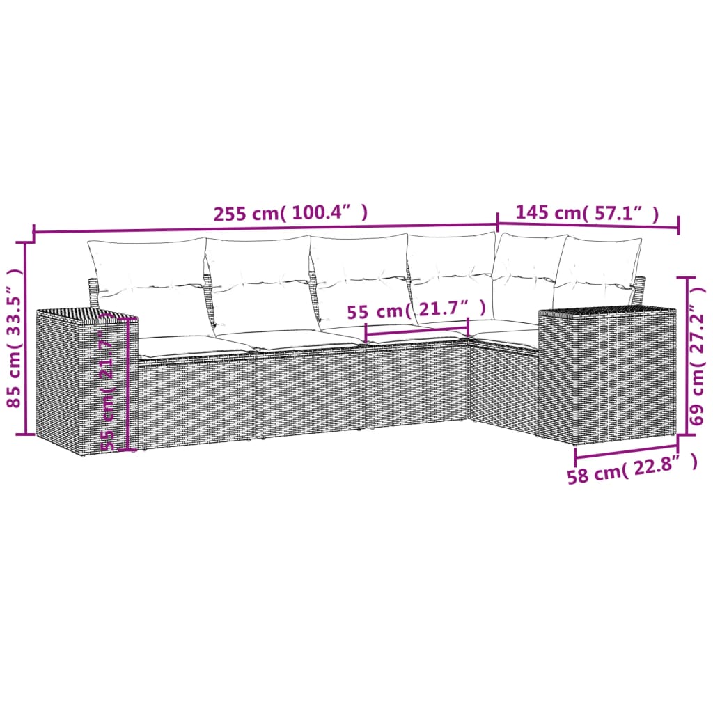 5-teiliges Gartensofa-Set mit Kissen, schwarzes Polyrattan