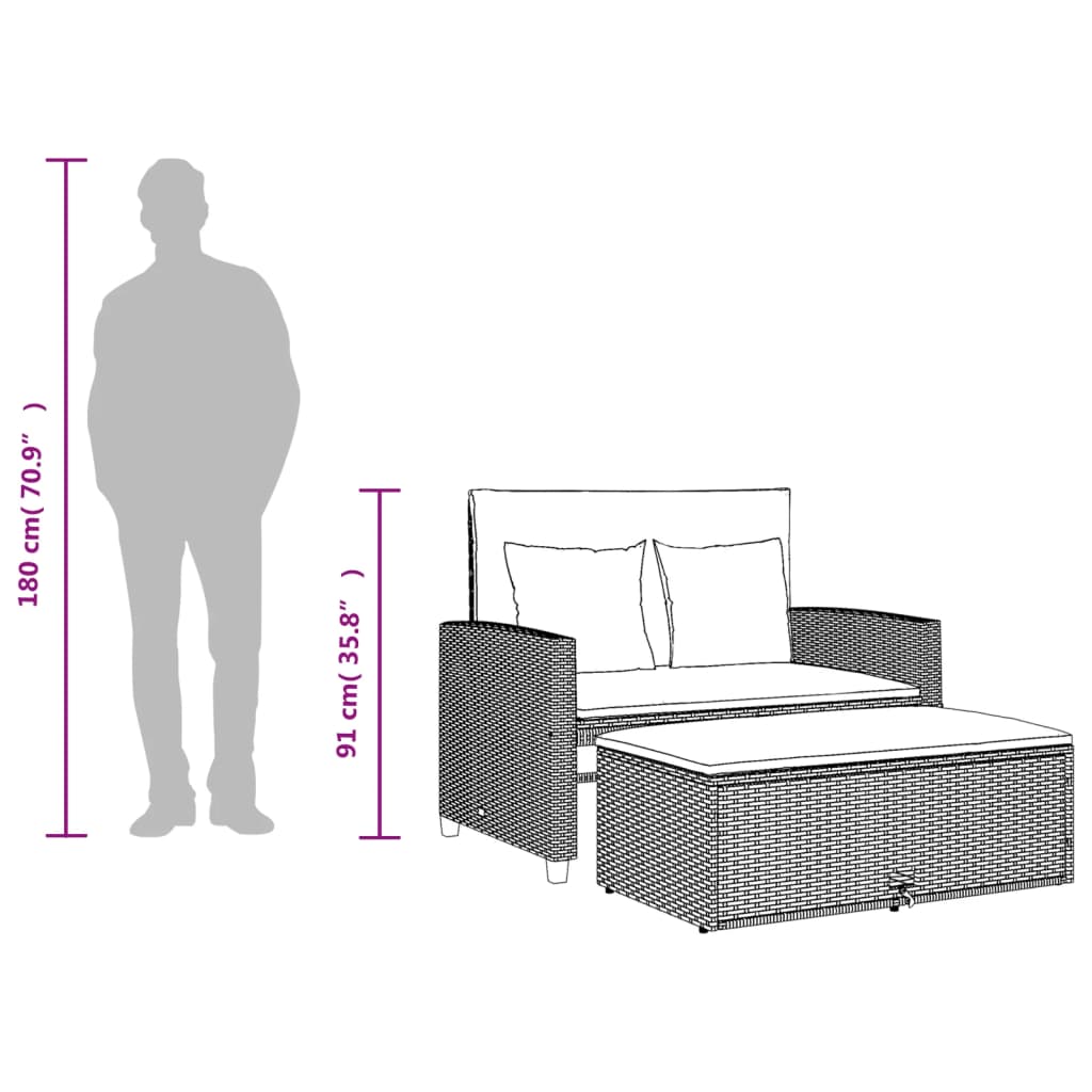 Gartenbank Verstellbar mit Kissen Schwarz Poly Rattan