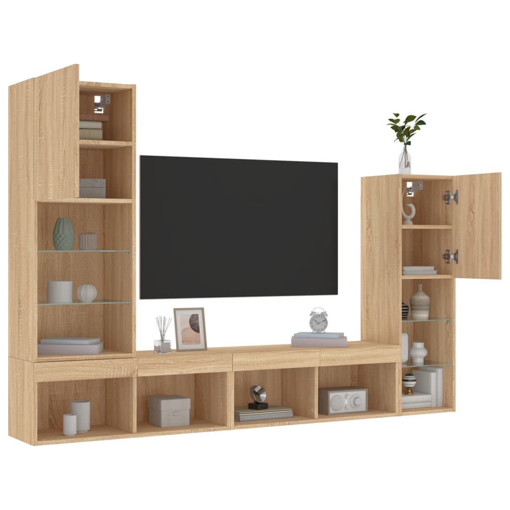 4-tlg. Wohnwand mit LED-Beleuchtung Weiß Holzwerkstoff