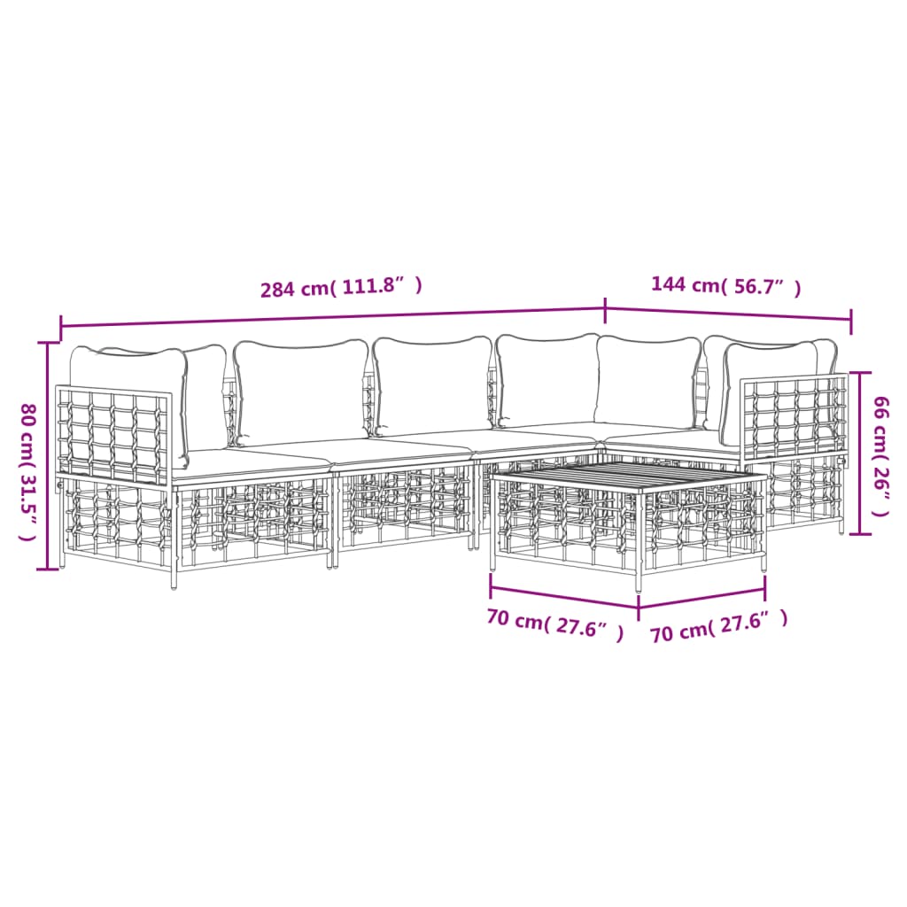 5-tlg. Garten-Lounge-Set mit Kissen Anthrazit Poly Rattan