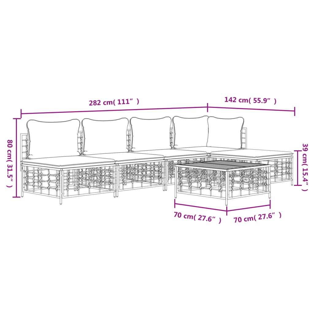 5-tlg. Garten-Lounge-Set mit Kissen Anthrazit Poly Rattan