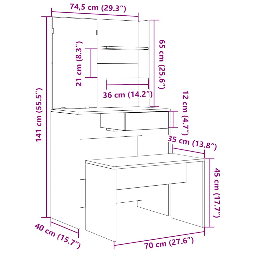 Schminktisch-Set Weiß 74,5x40x141 cm