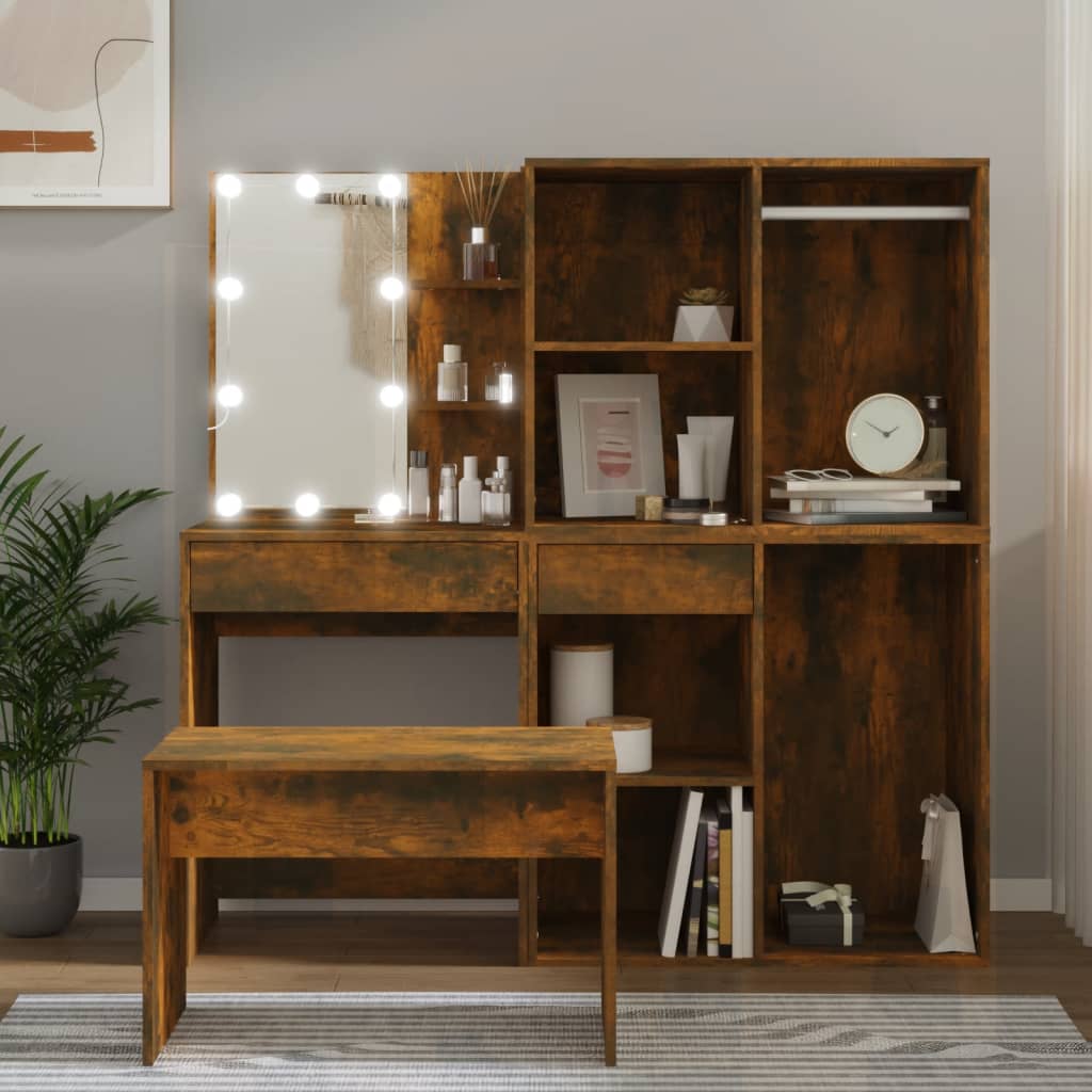 Schminktisch-Set mit LED Weiß Holzwerkstoff
