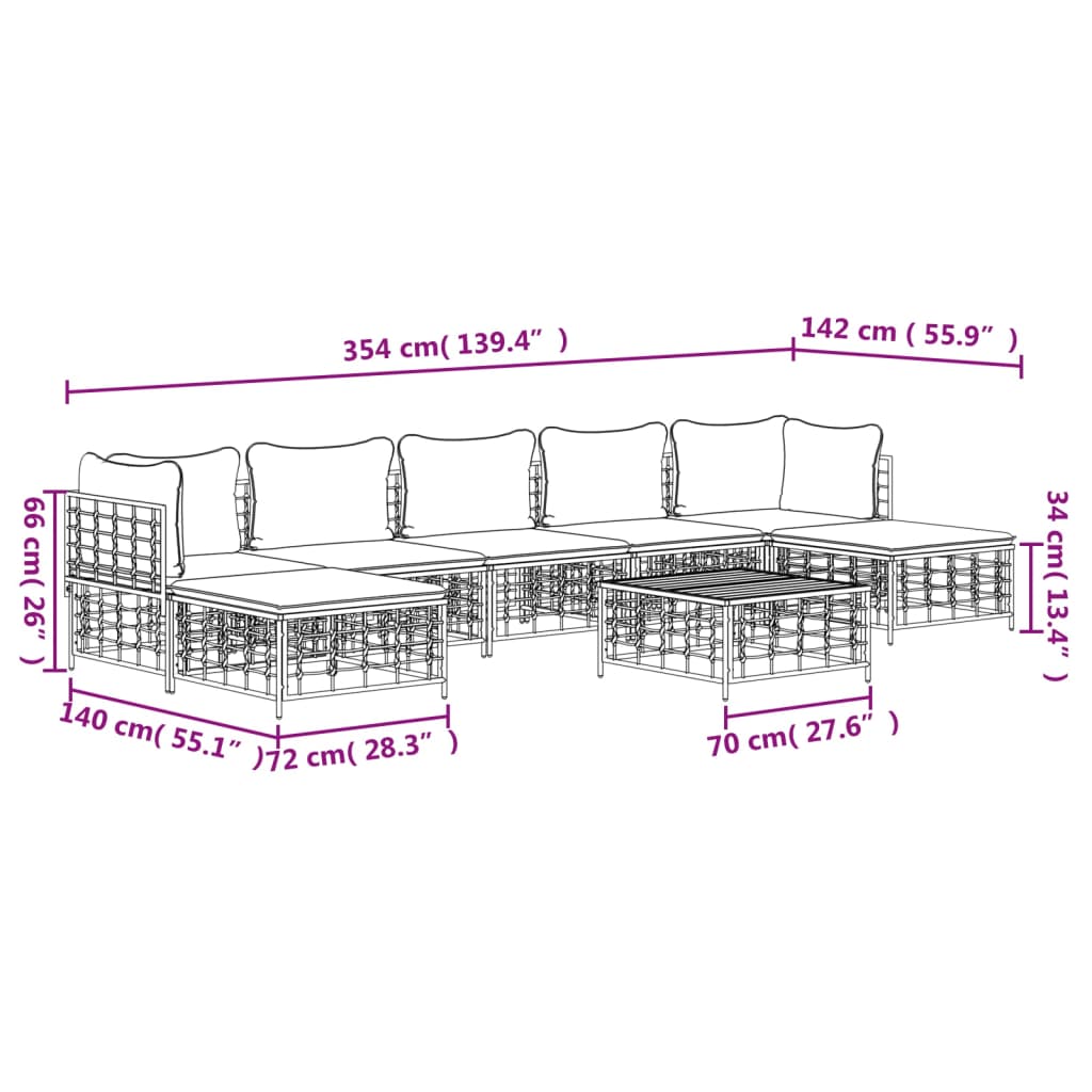 7-tlg. Garten-Lounge-Set mit Kissen Anthrazit Poly Rattan