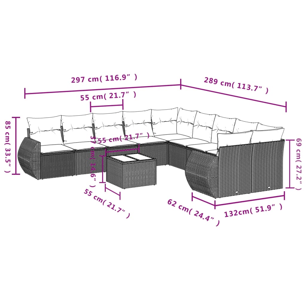 10-teiliges Gartensofa-Set mit Kissen, schwarzes Polyrattan