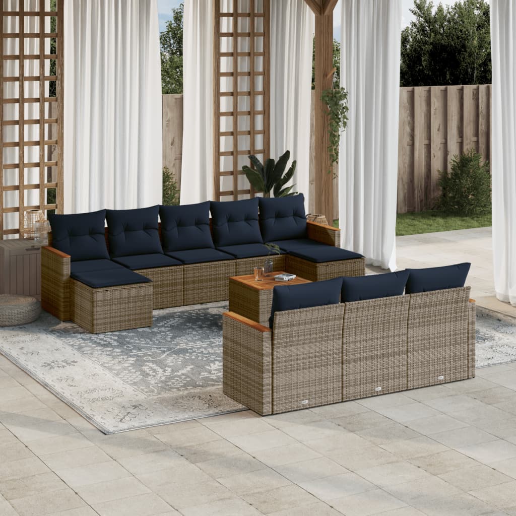 10-teiliges Gartensofa-Set mit Kissen, schwarzes Polyrattan
