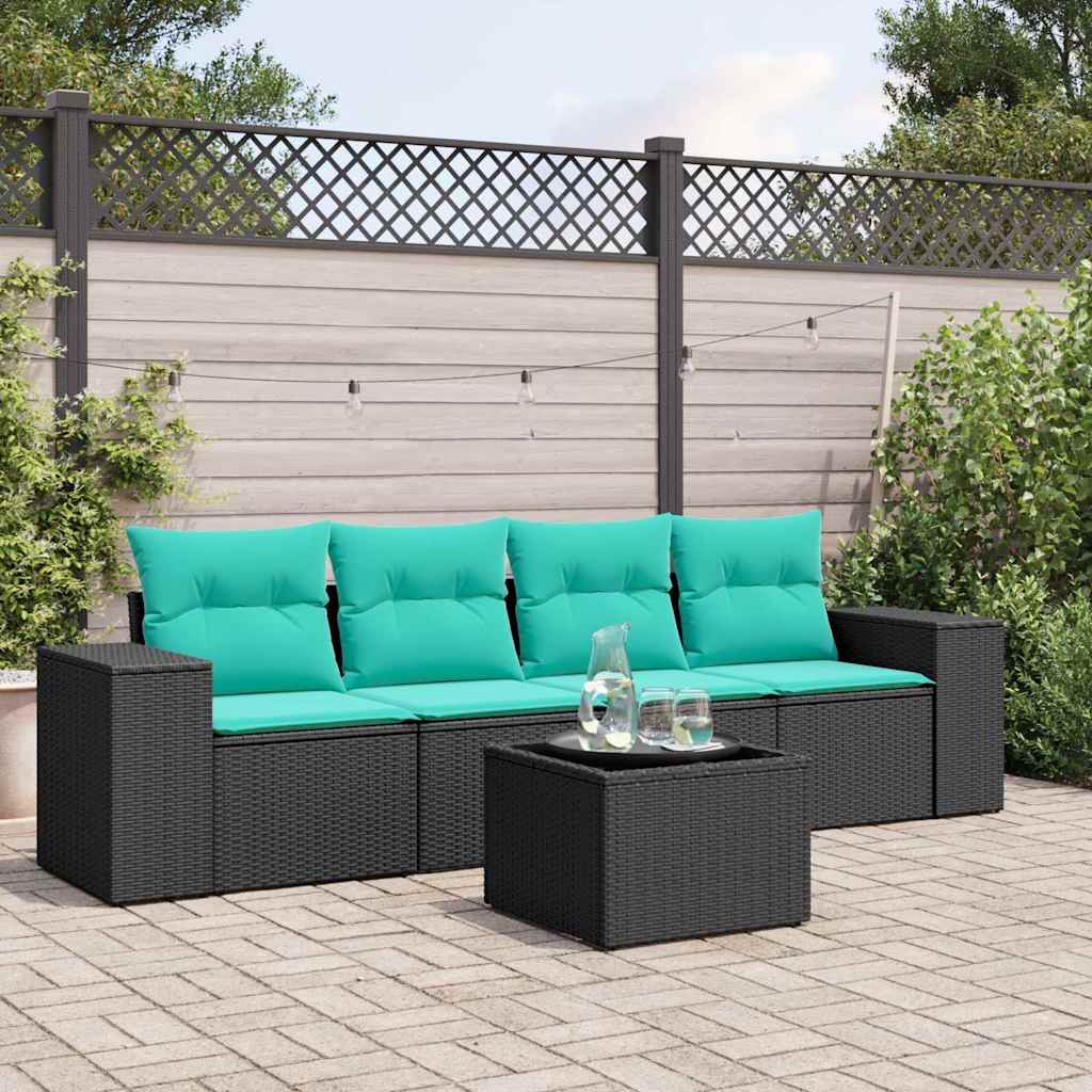 4-teiliges Gartensofa-Set mit Kissen, schwarzes Polyrattan