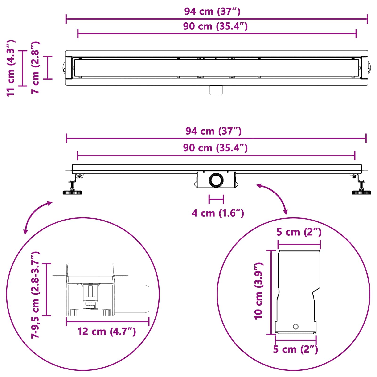 Duschabfluss mit Glasabdeckung Schwarz 50 cm Edelstahl 304