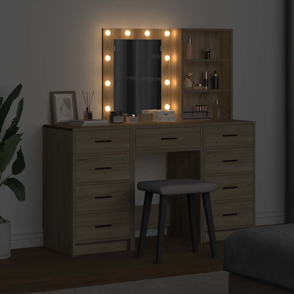 Schminktisch mit Spiegelbeleuchtung 3 pcs Weiß Holzwerkstoff