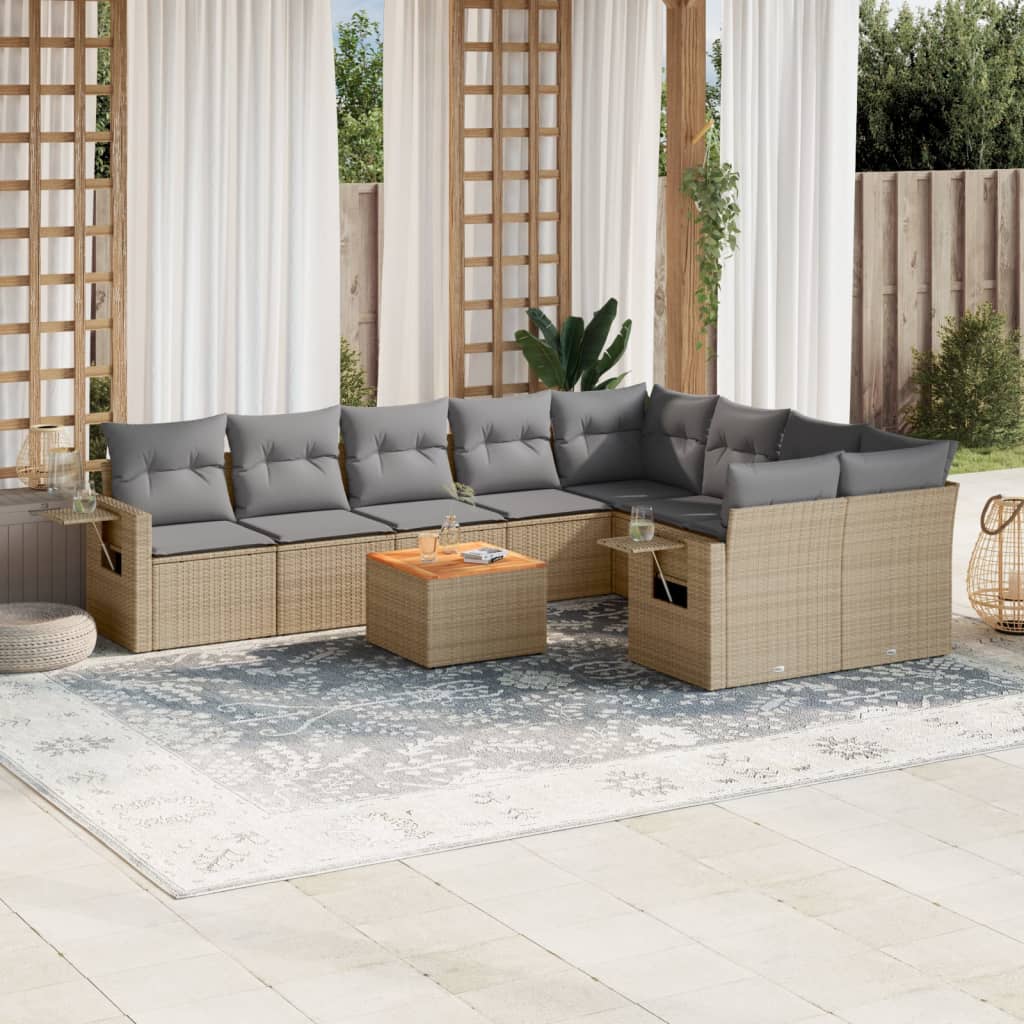 10-tlg. Garten-Sofagarnitur mit Kissen Schwarz Poly Rattan