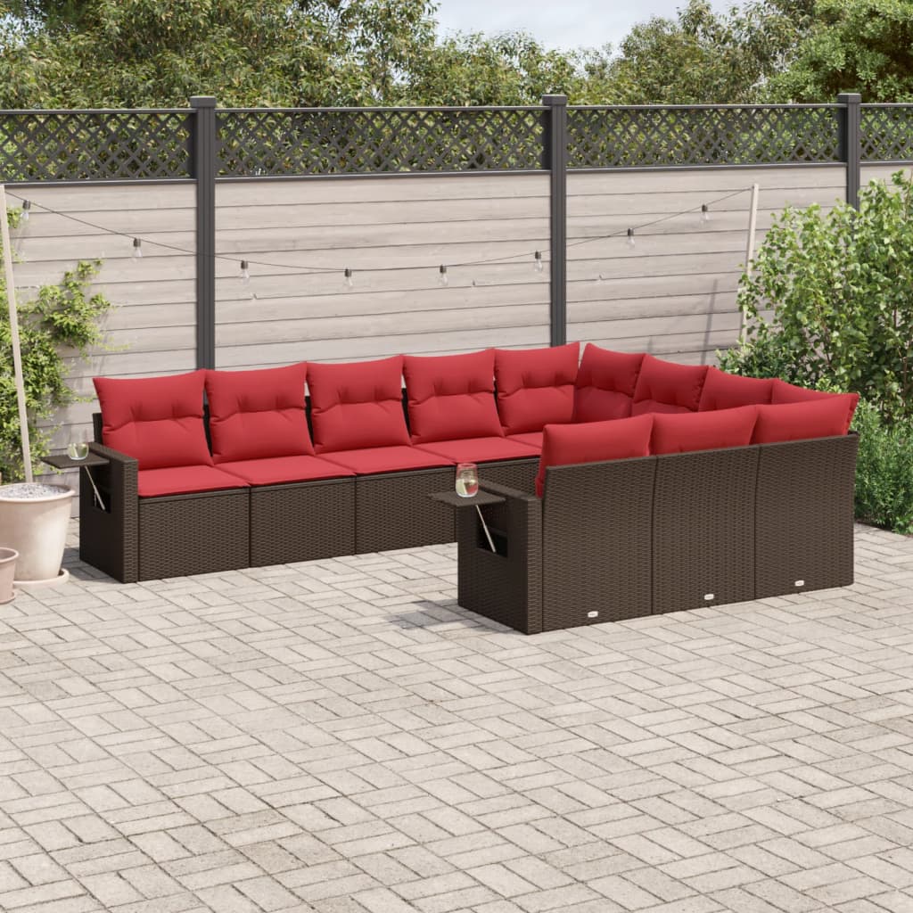 10-teiliges Gartensofa-Set mit Kissen, schwarzes Polyrattan