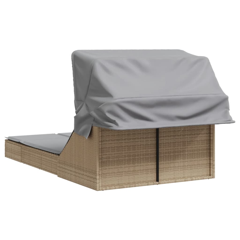 Doppel-Sonnenliege mit Dach und Auflagen Braun Poly Rattan