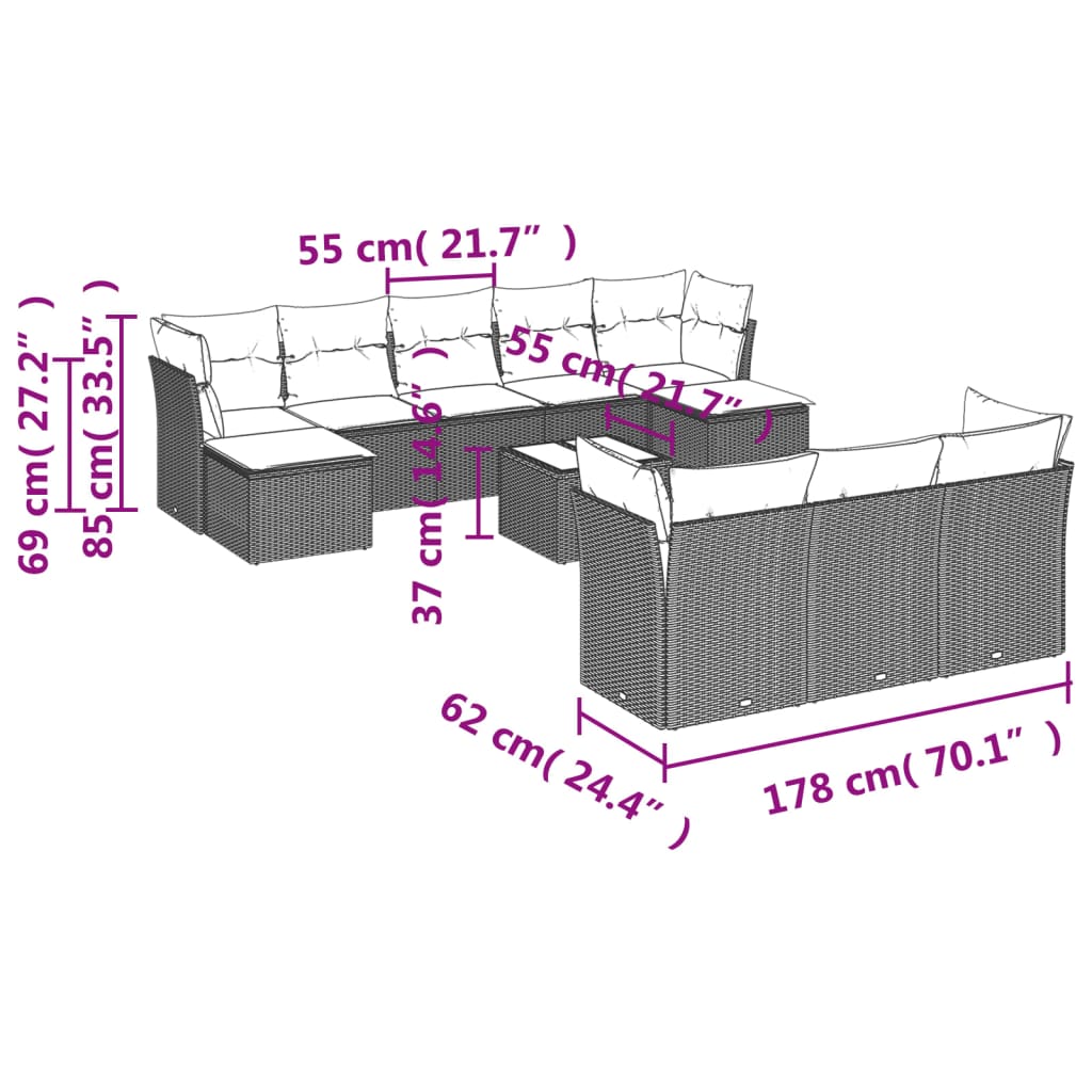 10-teiliges Gartensofa-Set mit Kissen, schwarzes Polyrattan