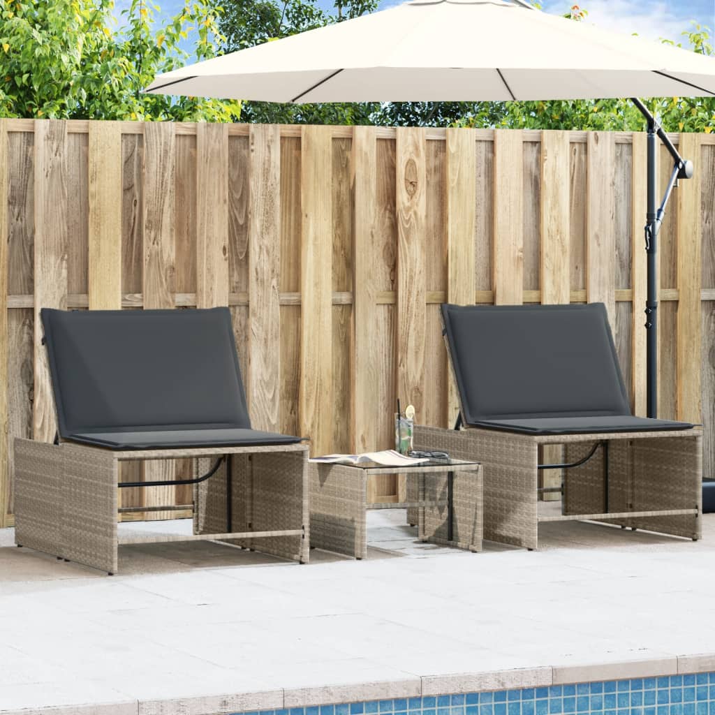 Modulare Sonnenliegen 2 Stk. mit Tisch Schwarz Poly Rattan