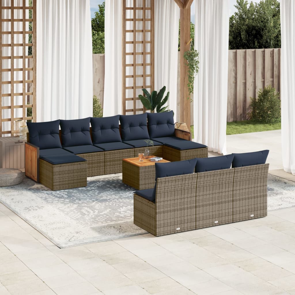10-teiliges Gartensofa-Set mit Kissen, schwarzes Polyrattan