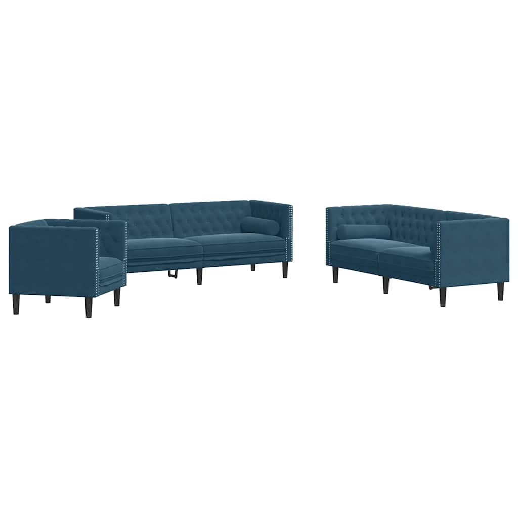 3-tlg. Chesterfield-Sofa-Set mit Nackenrollen Hellgrau Samt