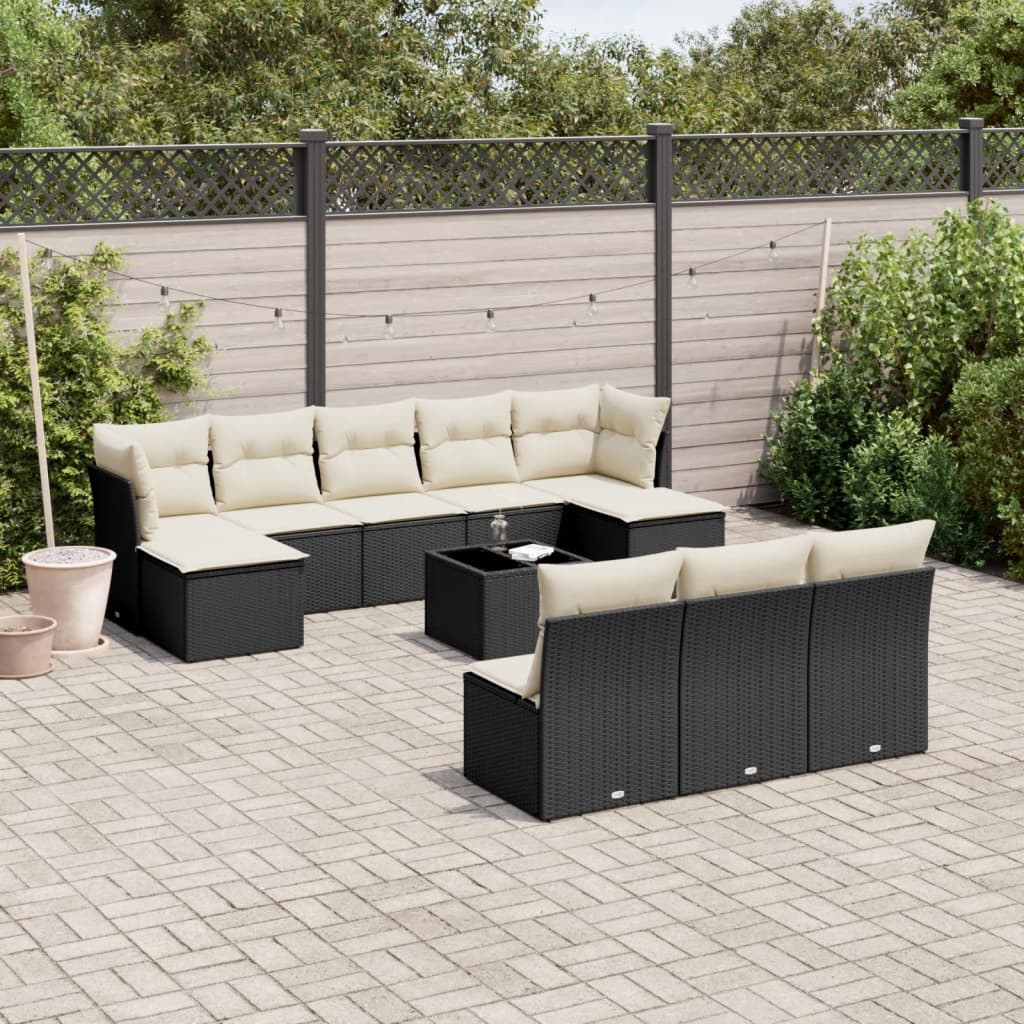 10-tlg. Garten-Sofagarnitur mit Kissen Schwarz Poly Rattan