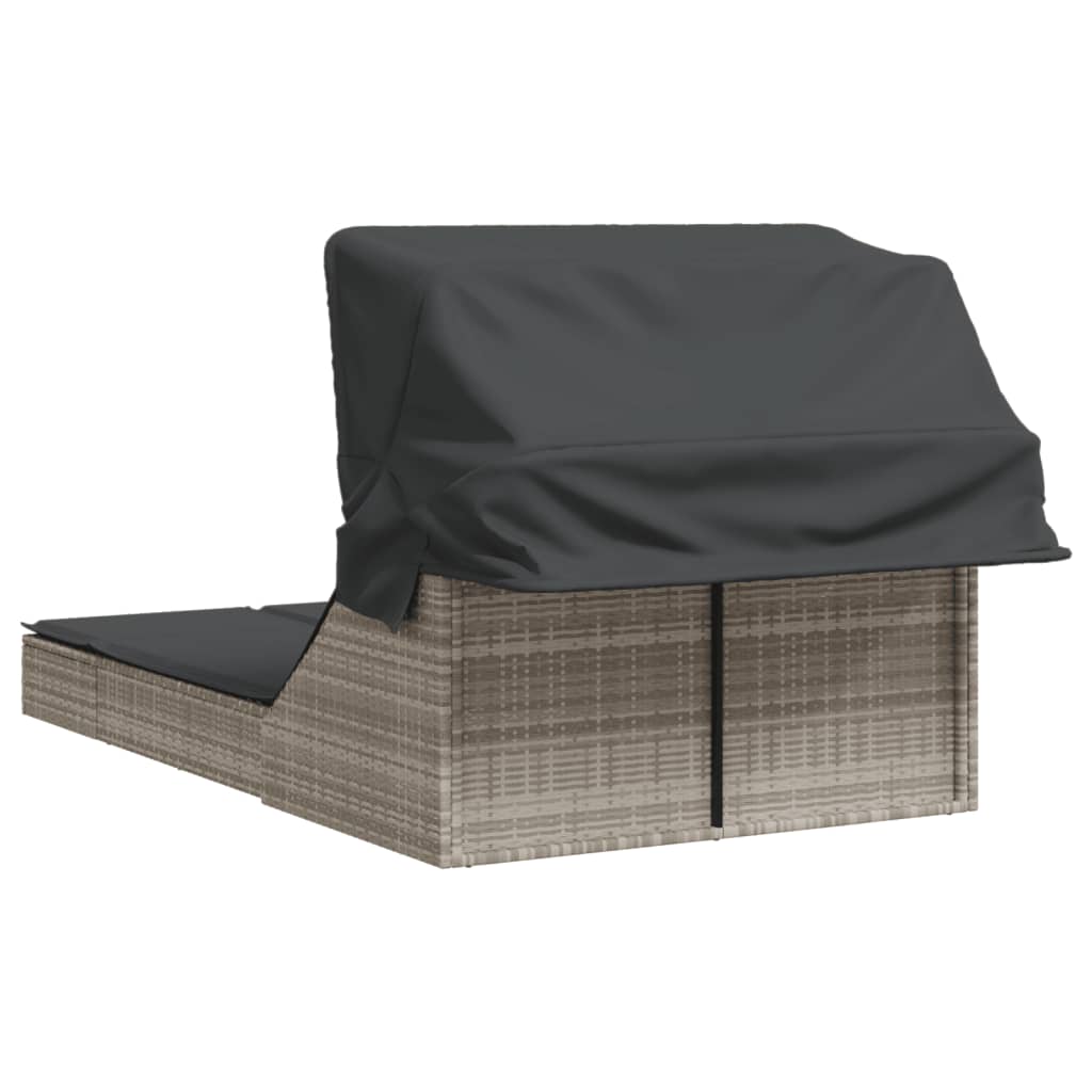 Doppel-Sonnenliege mit Dach und Auflagen Braun Poly Rattan