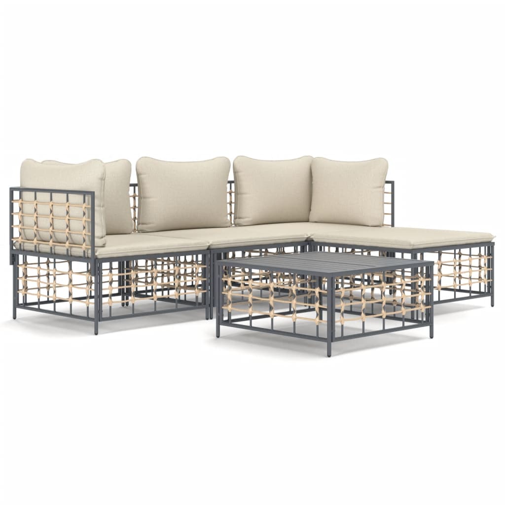 5-tlg. Garten-Lounge-Set mit Kissen Anthrazit Poly Rattan