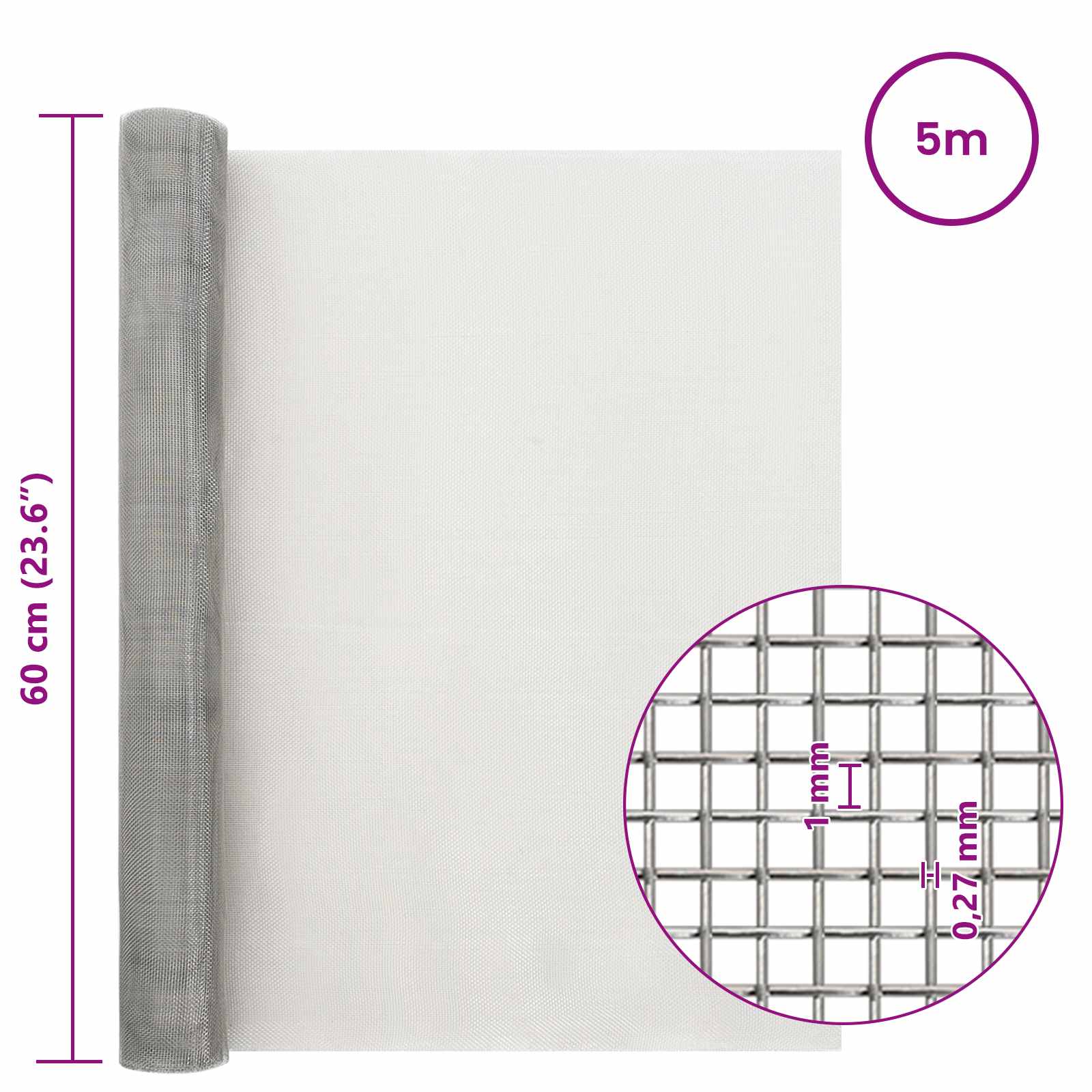 Mesh Bildschirm 20 x 500 cm 20 Mesh Edelstahl 201 Silber