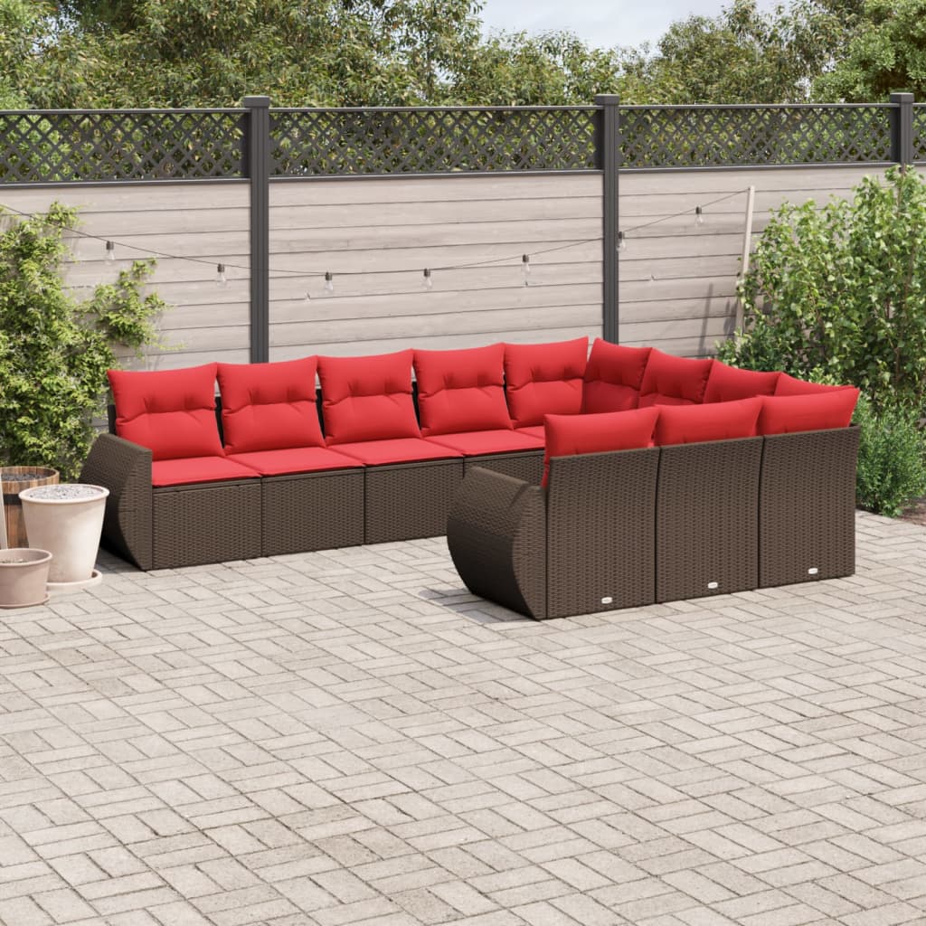 10-teiliges Gartensofa-Set mit Kissen, schwarzes Polyrattan