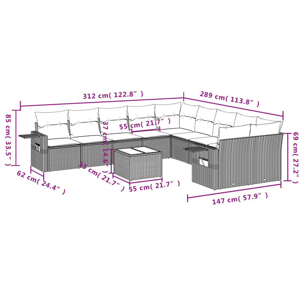10-teiliges Gartensofa-Set mit Kissen, schwarzes Polyrattan