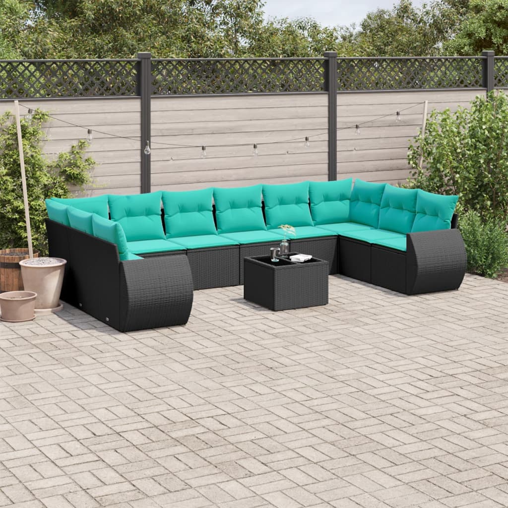 10-teiliges Gartensofa-Set mit Kissen, schwarzes Polyrattan