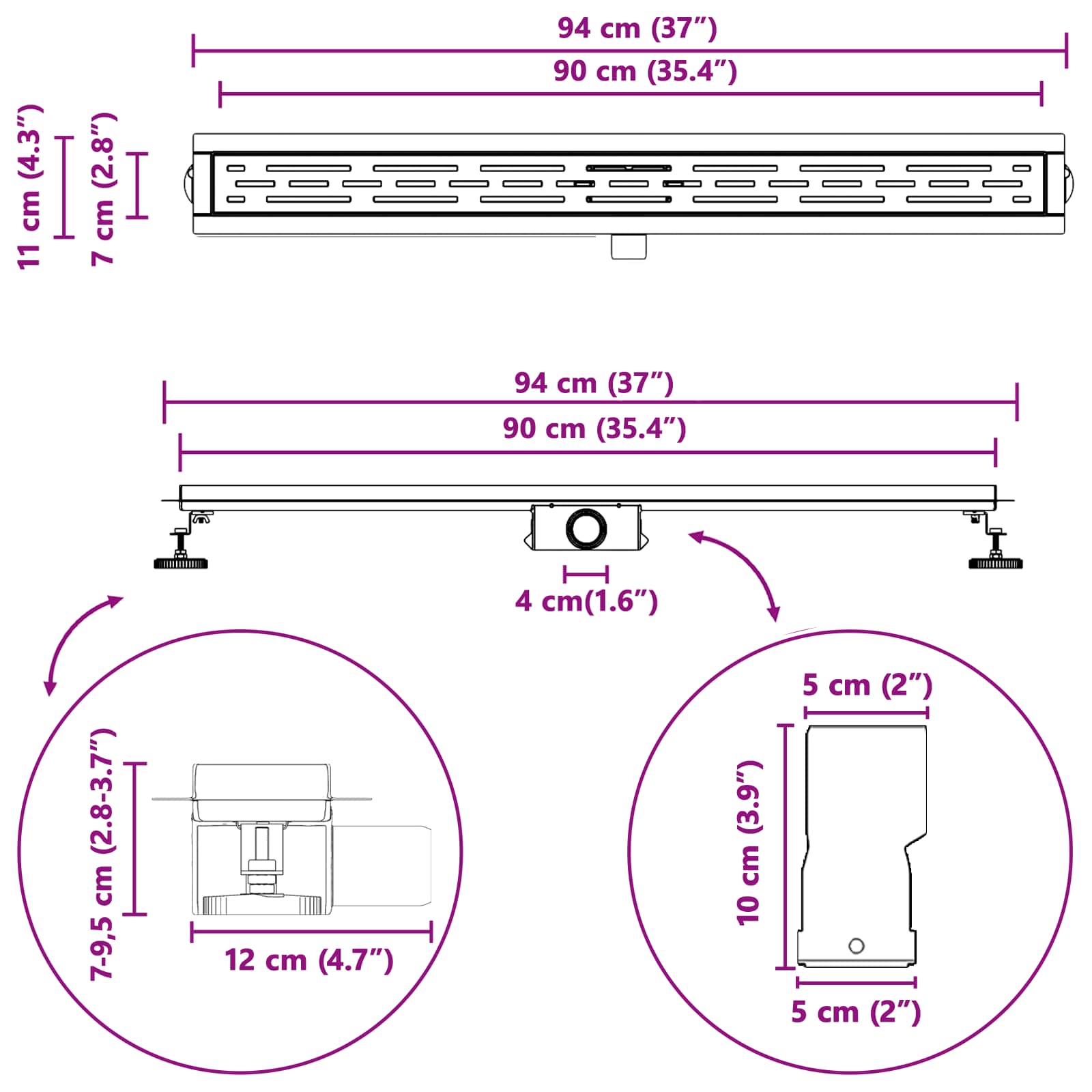 Duschabfluss mit Glasabdeckung Schwarz 50 cm Edelstahl 304