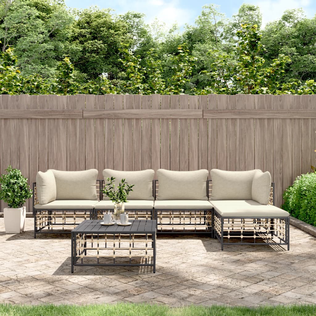 5-tlg. Garten-Lounge-Set mit Kissen Anthrazit Poly Rattan