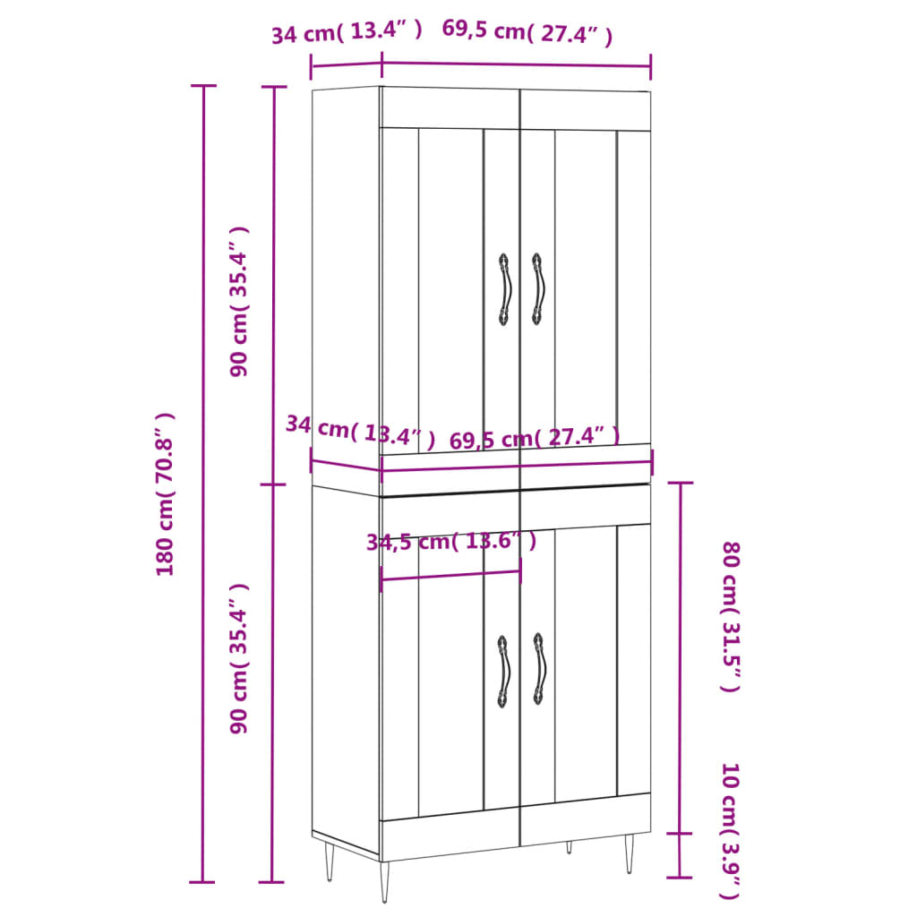 Highboard Betongrau 69,5x34x180 cm Holzwerkstoff